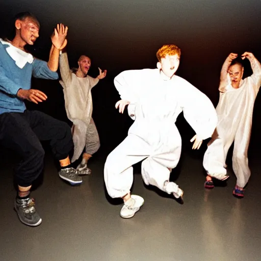 Image similar to photograph of a group of people in baggy outfits and bulky shoes dancing in a dark room, taken from a distance to show showing the whole bodies, smudged grainy blurry gritty, dynamic frenetic, taken with a soviet flash camera at slow shutter speed