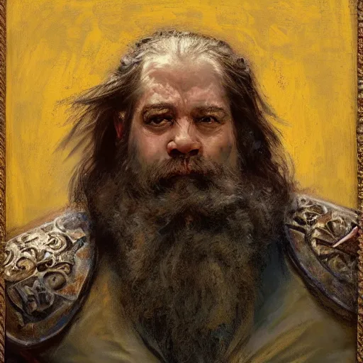 Image similar to Solomon Joseph Solomon and Richard Schmid and Jeremy Lipking victorian genre painting portrait painting of a old rugged actor dwarven king warrior in armor from the hobbit , red background