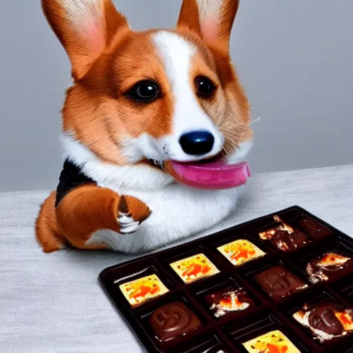 Prompt: a corgi on fire eating chocolate