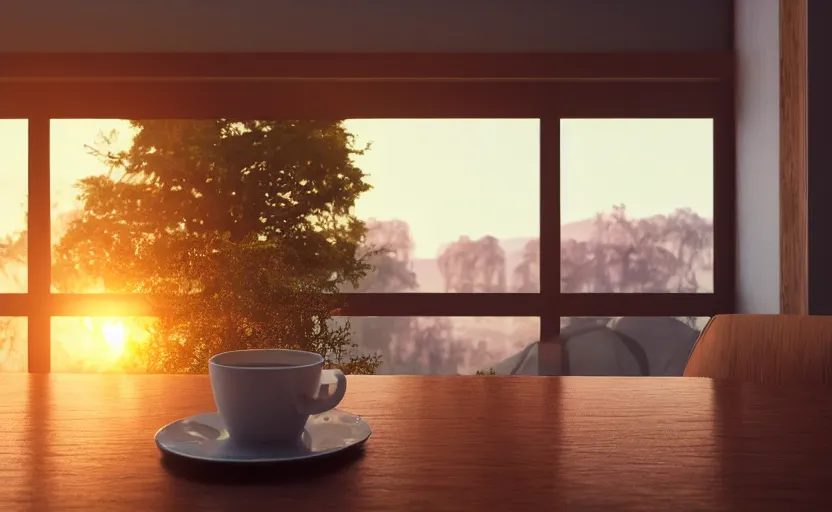 Image similar to a cup of coffee on a cafe table near a window with view to the sunrise, concept art, octane render, unreal engine 5, trending on artstation, high quality, highly detailed, path traced, high coherence, hyperrealistic, godrays, serene scene, soft lighting, macro photo