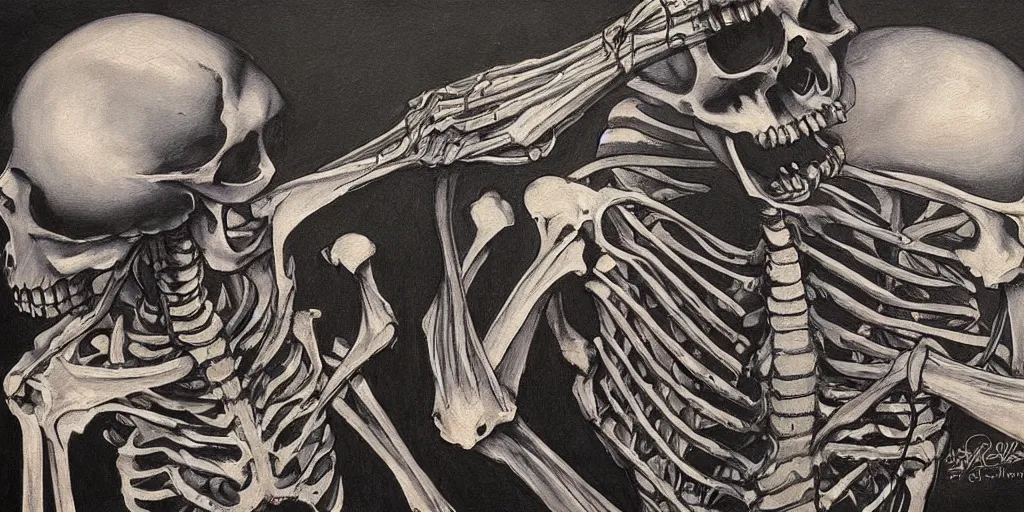 Image similar to a beautiful painting of skeleton by aaron horkey, trending on artstation