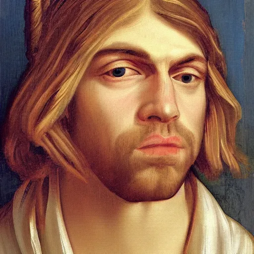 Prompt: a renaissance style portrait painting of Kurt Cobain