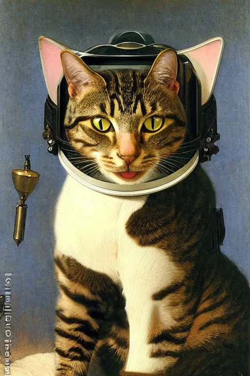 Image similar to portrait of a cat astronaut with japanese armor and helmet, majestic, solemn, by bouguereau