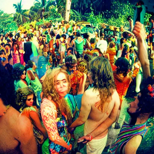 Prompt: expired fuji film photograph portrait of retro psychedelic hippy party in goa from 1 9 8 0, hyperrealism, photorealism, imax quality, 8 k