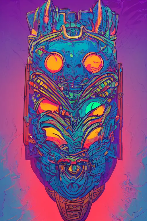 Image similar to totem animal tribal chaman vodoo mask feather gemstone plant wood rock video game illustration vivid color borderlands by josan gonzales and dan mumford radiating a glowing aura