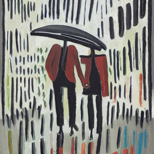 Prompt: couple walking in the rain in london, etel adnan,