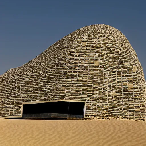 Image similar to architectural photograph by iwan baan of a playful building in the shape of a monitor lizard in the middle of the desert, designed by future systems