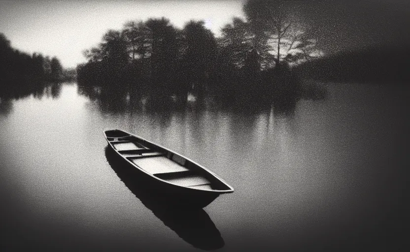 Prompt: beautiful lake, boat, mystic, melancholy, pinhole analogue photo quality, lomography, blur, unfocus, cinematic, foil effect, holographic effect, monochrome