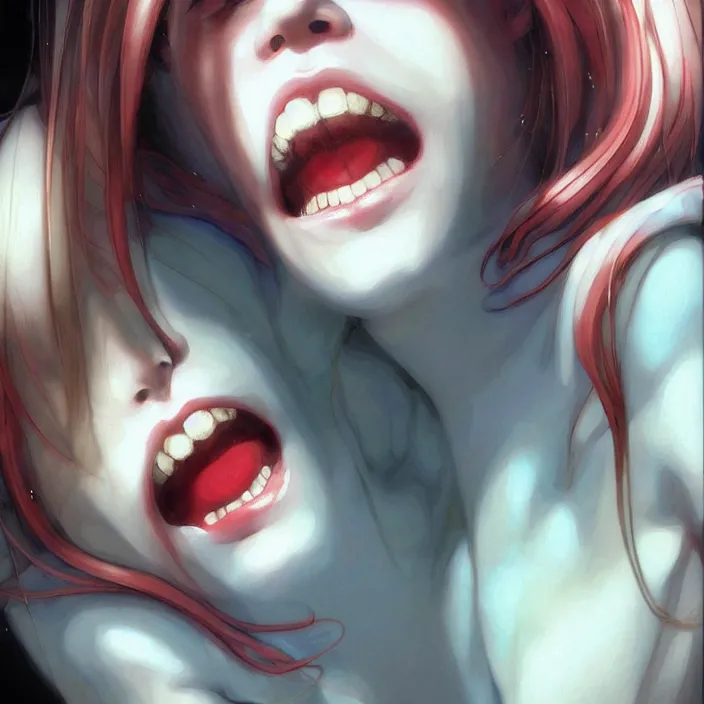 Image similar to nice quality and nice everything painting of a nice portrait of the popular girl at the psych ward laughing at the viewer, by Katsuhiro Otomo, Yoshitaka Amano, Nico Tanigawa, and Artgerm rendered with 3D effect.