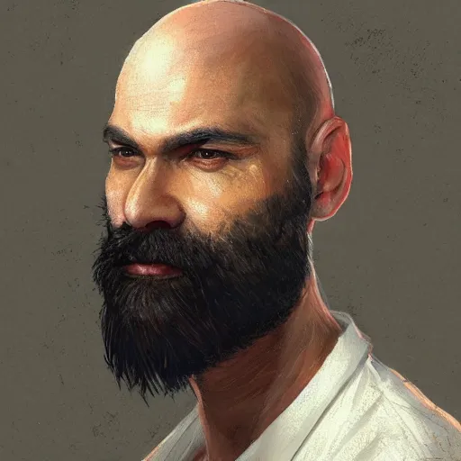 Prompt: portrait of a man by greg rutkowski, he is about 4 0 years old, mixture between vietnamese, persian and texan, bald with beard, very tall and slender, he is wearing a utilitarian jumpsuit, highly detailed portrait, digital painting, artstation, concept art, smooth, sharp foccus ilustration, artstation hq