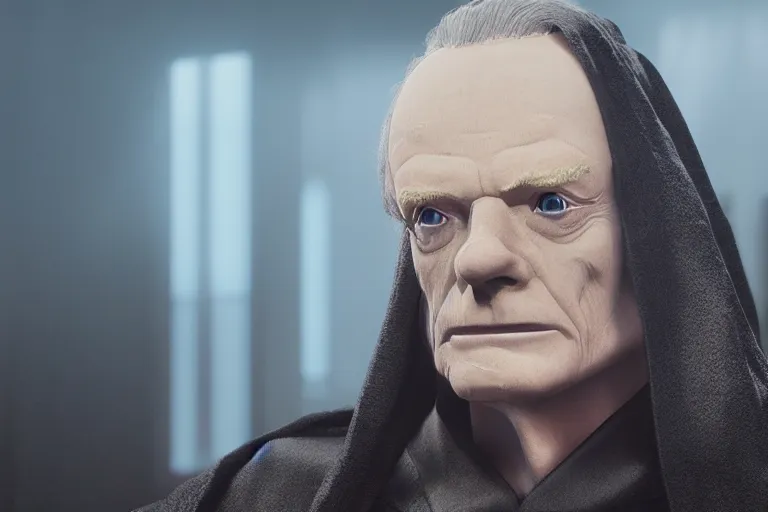 Image similar to a cinematic still of (Ian McDiarmid!!!) as palpatine, wearing sith hood, Ian McDiarmid, ((octane render, nvidia raytracing demo)), masterpiece