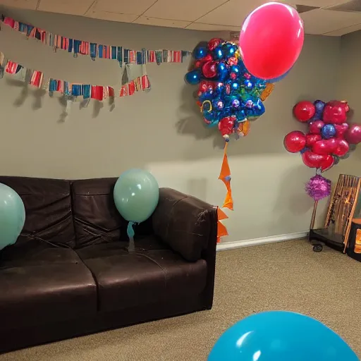Prompt: photo of the backrooms with balloons