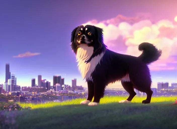 Image similar to a wholesome animation key shot of a black tibetan spaniel, perth city in the background, studio ghibli, pixar and disney animation, sharp, rendered in unreal engine 5, anime key art by greg rutkowski, bloom, dramatic lighting