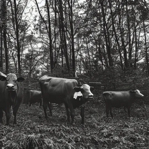 Image similar to DLSR photograph of several cows looking at the camera, in creepy forest, night-time, low lighting, eyes glinting