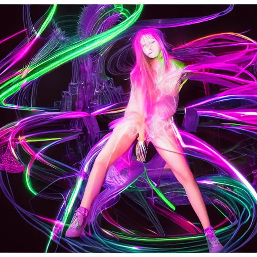 Image similar to full body pose, hyperrealistic photograph of a beautiful rave girl, glowsticks, dim volumetric lighting, 8 k, octane beautifully detailed render, extremely hyper detailed, intricate, epic composition, cinematic lighting, masterpiece, trending on artstation, very very detailed, stunning, hdr, smooth, sharp focus, high resolution, award, winning photo, dslr, 5 0 mm