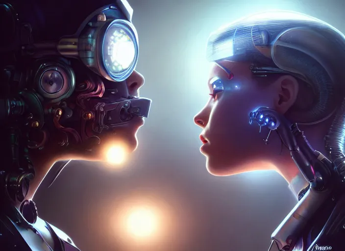 Image similar to ultra realistic medium shot of a couple of cyborgs kissing, lovers, cyberpunk, sci - fi, fantasy, kodak, colour led lighting, soft light, volumetric lighting, fog, rays, night, intricate, highly detailed, digital painting, concept art, smooth, sharp focus, illustration, art by artgerm and greg rutkowski and alphonse mucha