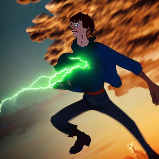 Prompt: dutch angle shot, one man, shaggy rogers, powering up, lightnings, realistic, cinematic