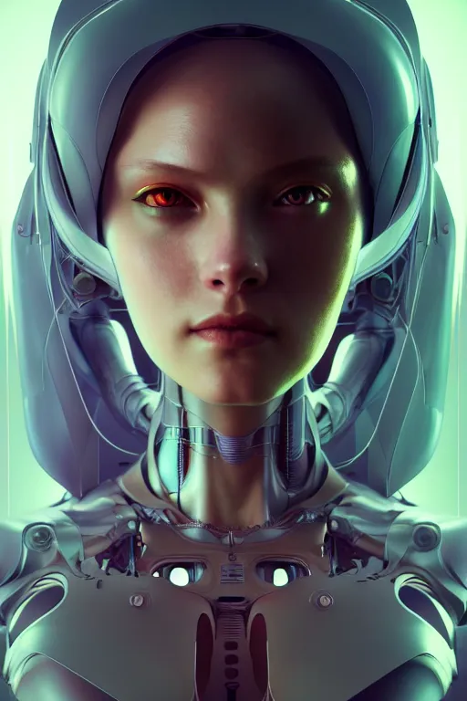 Image similar to ultra detailed, the creation of a female android, sci - fi, eerie, cyborg, cyberpunk, fantasy, triadic color scheme, octane render, matte painting, asymmetrical, intricate concept art, triadic color scheme, art by artgerm and michelangelo and dzo and greg rutkowski and alphonse mucha and wlop