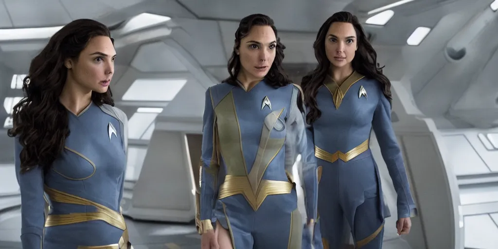 Image similar to Gal Gadot, in full starfleet uniform, is the captain of the starship Enterprise in the new Star Trek movie