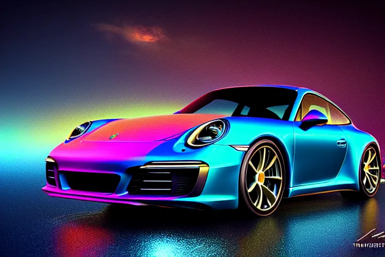 Image similar to iridescent Porsche 911, macro photography, by Thomas Kincade, Richard Sigamani, 8k photorealistic, HD, high details, concept art, trending on artstation