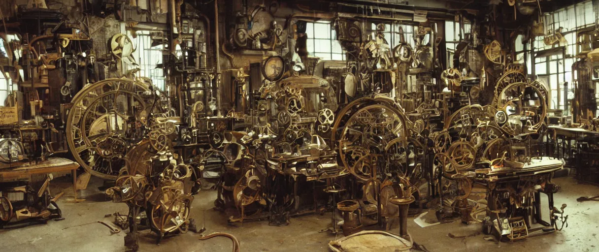 Image similar to movie still 4 k uhd 3 5 mm film color photograph of an steampunk workshop full of xix century differential machines