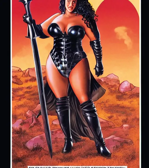 Image similar to 1 9 8 0 s fantasy novel book cover, bbw plus size amazonian peyton list in extremely tight bikini armor wielding a cartoonishly large sword, exaggerated body features, dark and smoky background, low quality print