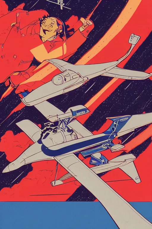 Prompt: a poster of a man riding a plane in the air, poster art by otomo katsuhiro, pixiv, retrofuturism, official art, reimagined by industrial light and magic, poster art