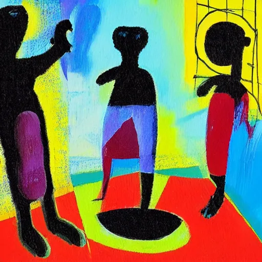 Prompt: an abstract, surrealist painting of three figures in a house doing different poses, visible brush strokes, vibrant colours, rule of thrids, depth of field