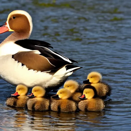 Prompt: a bald headed duck, with chicks, photo