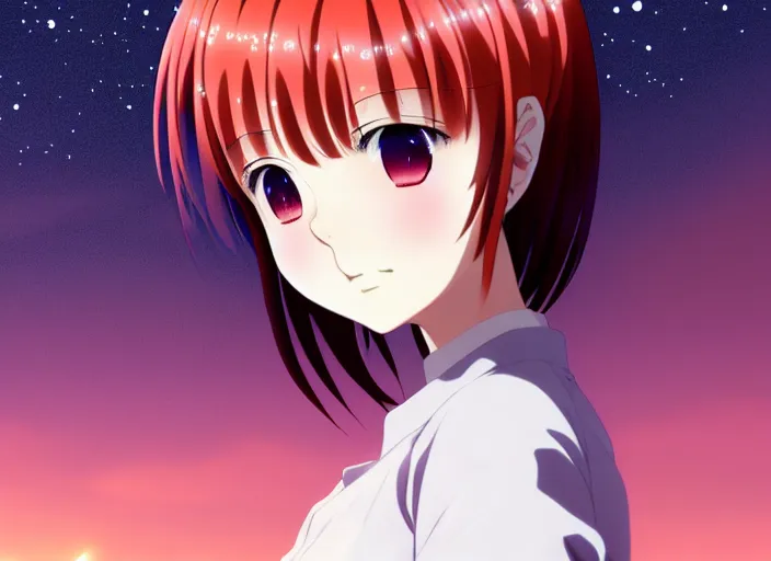 Prompt: anime visual, full body portrait a young woman with red hair looking up at the stars in the park at midnight, cute face by ilya kuvshinov, yoshinari yoh, makoto shinkai, katsura masakazu, dynamic perspective pose, detailed facial features, kyoani, rounded eyes, crisp and sharp, cel shad, anime poster, ambient light,