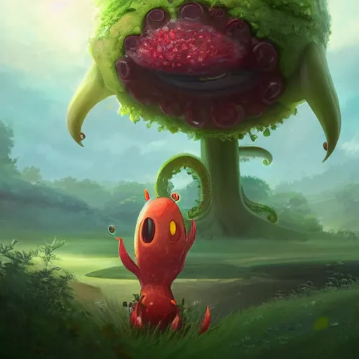 Image similar to a cute beautiful plant type pokemon with beautiful happy smile, red tentacles bursting out of his hair, full body portrait, highly detailed digital art, 3 d perspective, award - winning illustration, aesthetic, smooth, pokemon style, made by greg rutkowski, with an alien landscape in the background