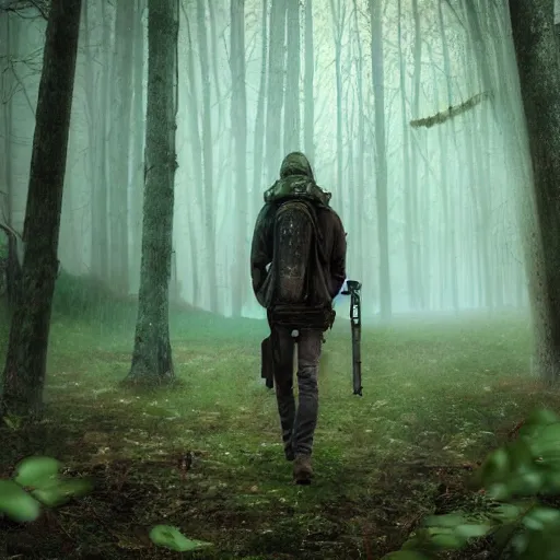 Image similar to stranger in mystical post apocalyptic forest