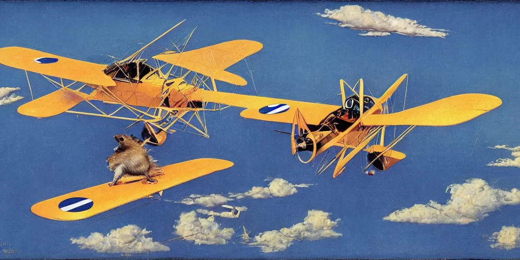 Image similar to a gerbil flying a biplane, norman rockwell
