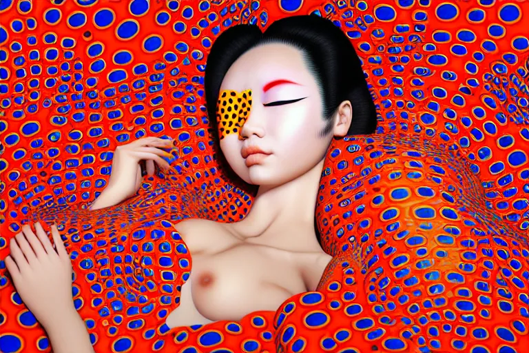 Image similar to realistic detailed image of a geisha laying down in a padded room, conjuring psychedelic background, part by yayoi kusama, part by alex gray, part by ross tran, part by james jean, ultra realistic, highly detailed, life like face, detailed body, 8 k, octane render, trending on artstation, very cohesive, masterpiece