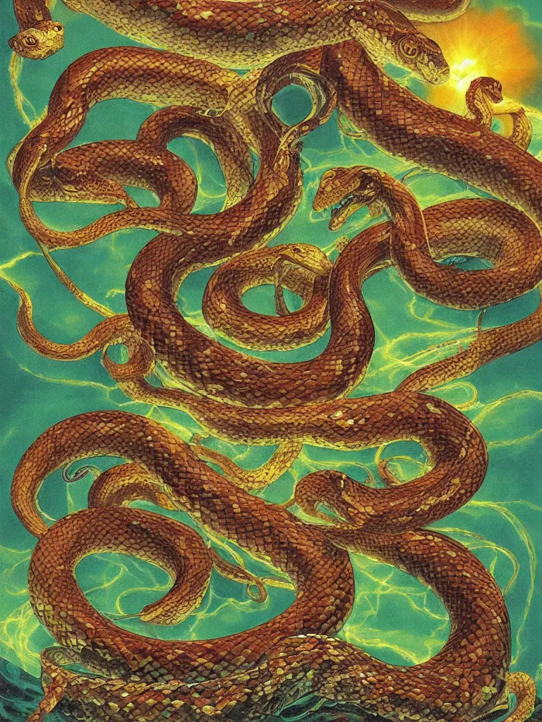 Image similar to ultradetailed painting of a slithering snake, chaotic primordial scene, volumetric lighting, serpent tarot card by Frieda Harris