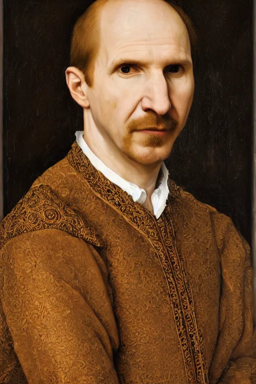 Image similar to portrait of ralph fiennes, oil painting by jan van eyck, northern renaissance art, oil on canvas, wet - on - wet technique, realistic, expressive emotions, intricate textures, illusionistic detail