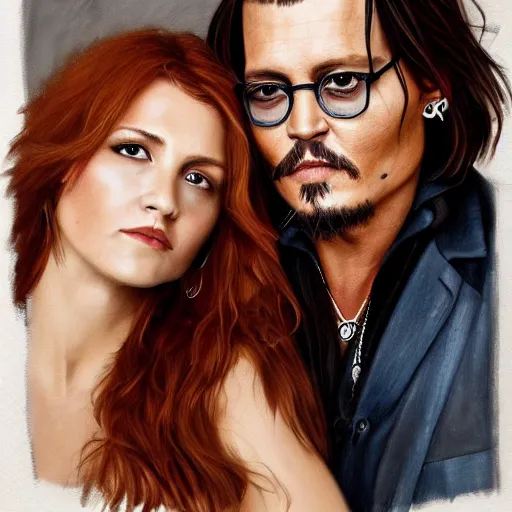 Prompt: portrait of johnny depp with his new girlfriend ginger hair woman detailed face detailed 8 k