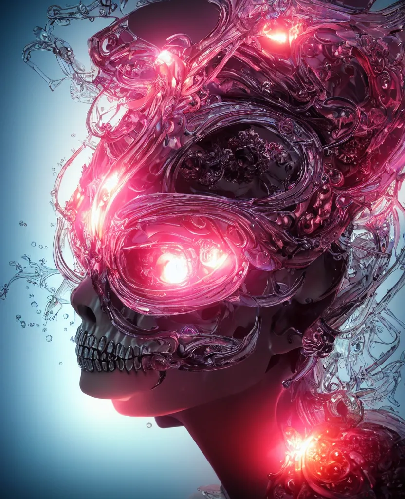 Image similar to close-up macro portrait of the face of a beautiful princess in a skull chrome mask, epic angle and pose, symmetrical artwork, 3d with depth of field, blurred background, cybernetic jellyfish female face skull phoenix bird, translucent, nautilus, energy flows of water and fire. a highly detailed epic cinematic concept art CG render. made in Maya, Blender and Photoshop, octane render, excellent composition, cinematic dystopian brutalist atmosphere, dynamic dramatic cinematic lighting, aesthetic, very inspirational, arthouse. y Greg Rutkowski, Ilya Kuvshinov, WLOP, Stanley Artgerm Lau, Ruan Jia and Fenghua Zhong