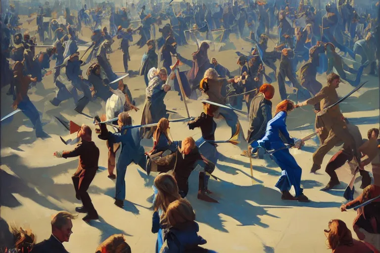 Image similar to greg manchess painting of a crowd throwing swords at a blond man in a blue suit, organic painting, sunny day, matte painting, bold shapes, hard edges, street art, trending on artstation, by huang guangjian, gil elvgren, ruan jia, randy vargas, greg rutkowski