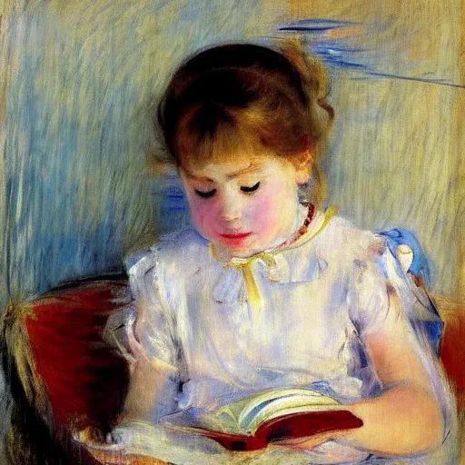 Prompt: painting of a little girl reading a book in a room, by Mary Cassatt, Berthe Morisot, sunny morning