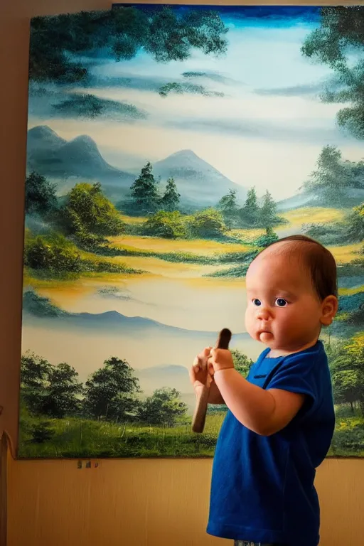 Image similar to a baby version of bob ross, in front of a finger painted mural on a wall, dramatic lighting, cinematic, establishing shot, extremely high detail, foto realistic, cinematic lighting, post processed, concept art, high details, cinematic, 8k resolution, beautiful detailed, photorealistic, digital painting, artstation, concept art, smooth, sharp focus, artstation trending, octane render, unreal engine