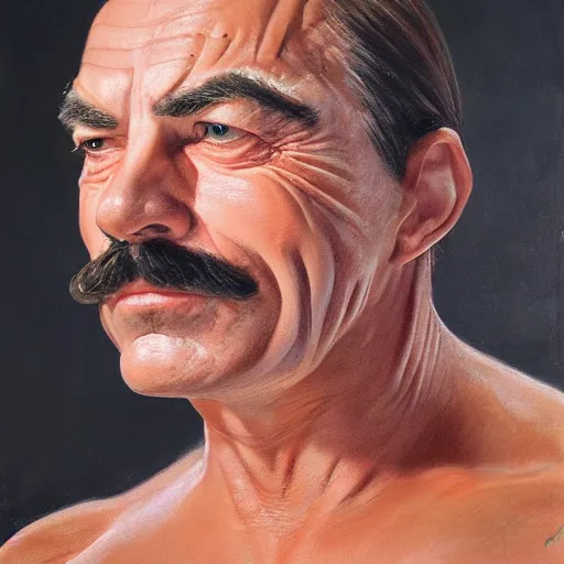 Image similar to ultra realistic head and shoulders portrait painting of tom selleck as a sphynx cat, art by frank frazetta, 4 k, ultra realistic, highly detailed, epic lighting