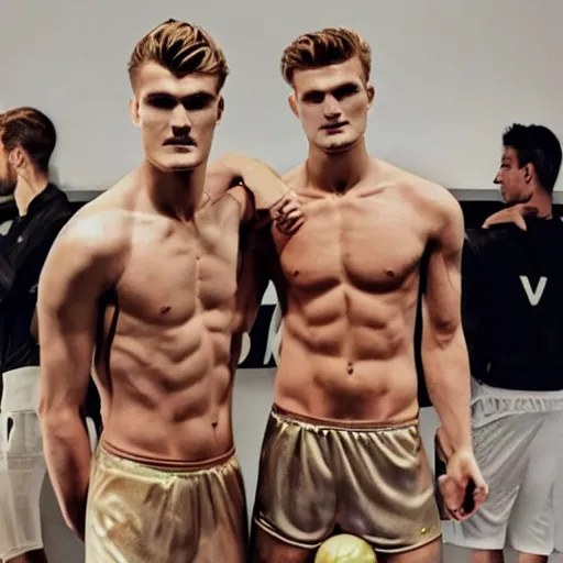 Image similar to a realistic detailed photo of a guy who is an attractive humanoid who is half robot and half humanoid, who is a male android, soccer players martin ødegaard & timo werner, shiny skin, posing like a statue, blank stare, in a living room, on display, showing off his muscles, gold soccer shorts, side view, looking at each other mindlessly