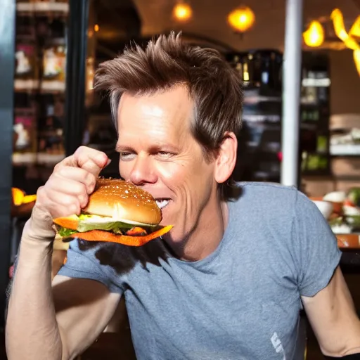 Image similar to kevin bacon profile portrait eating bacon burger soda fries, award winning food photography