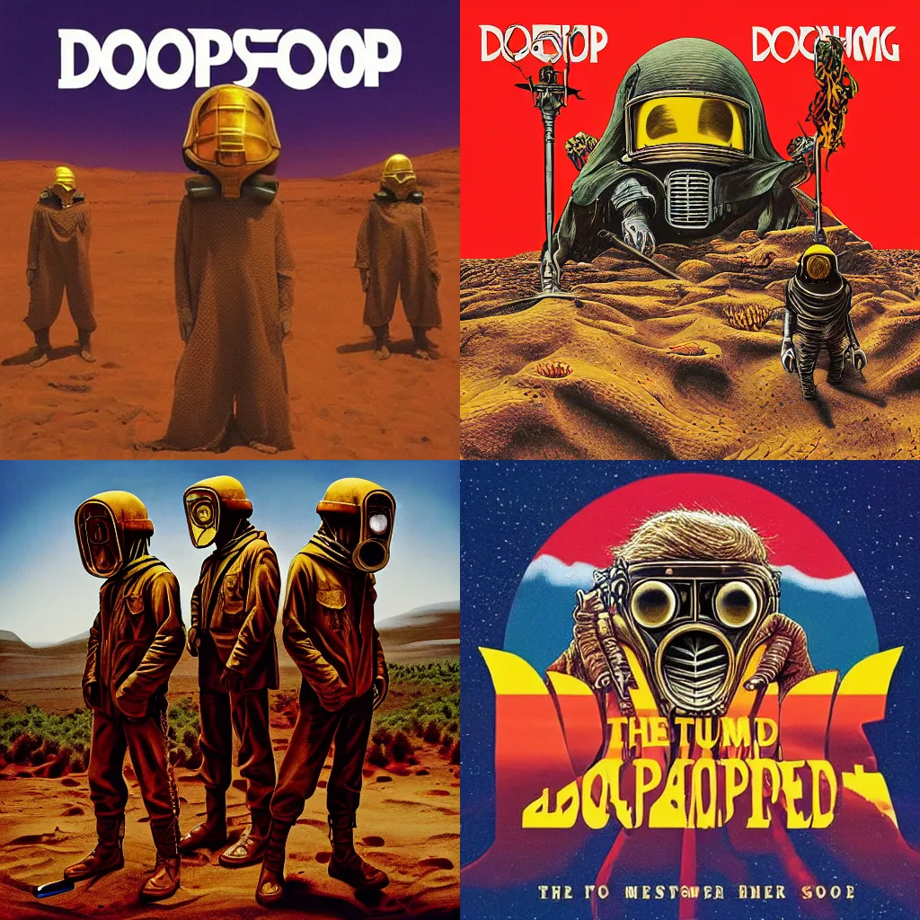 Prompt: 4 cloaked donald trumps on the album cover art of dopesmoker by sleep, gas mask, mars