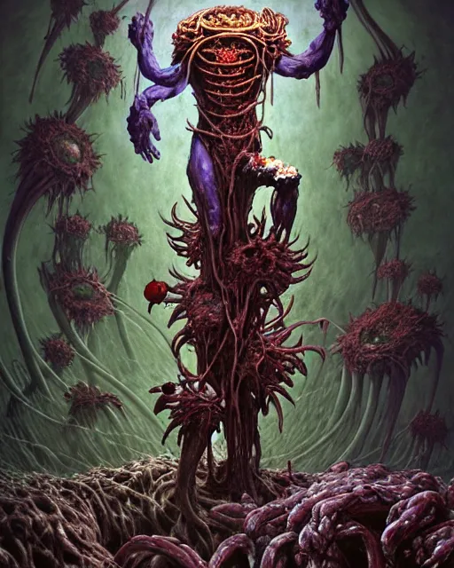 Image similar to the platonic ideal of flowers, rotting, insects and praying of cletus kasady carnage thanos dementor wild hunt chtulu mandelbulb fritz the cat doctor manhattan bioshock xenomorph akira, ego death, decay, dmt, psilocybin, concept art by randy vargas and zdzisław beksinski