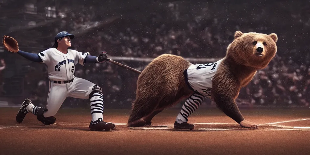 Image similar to bear in a baseball uniform, realistic 4 k octane beautifully detailed render, 4 k post - processing, highly detailed, intricate complexity, epic composition, magical atmosphere, cinematic lighting, masterpiece, ultra hd