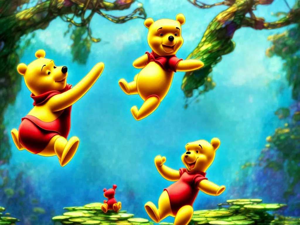 Image similar to the beautiful cartoon animation render a single lovely winnie the pooh wearing paper diapers, pop art, hyper detailed, underwater world, in the style of makoto shinkai, raphael lacoste louis comfort tiffany, artgerm, karol bak, james jean, ross tran, 8 k hd, fine texture structure, 3 drender