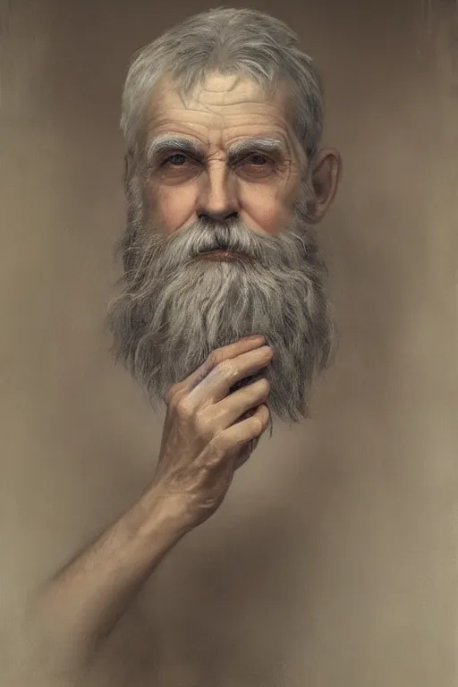 Prompt: a stunning ultra realistic fine art painting of a content old man with a long gray beard, peaceful and graceful, by tom bagshaw, studio portrait, muted colors, melancholic, catchlight in the eyes, 4K