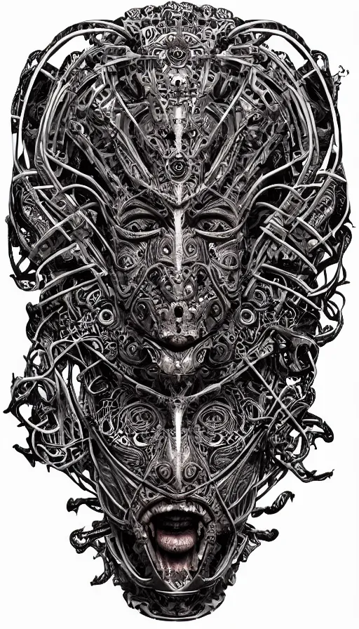 Prompt: ancient biomechanical hybrid aztec fantasy beautiful symmetrical monster face mask tattoo pattern concept, teonanacatl glyph, intricate artwork by, Johnatan Wayshak, Zdizslaw Beksinski, face by Artgerm, H.R. Giger, very coherent artwork, cinematic, hyper realism, high detail, octane render, unreal engine, 8k, High contrast, higly detailed black ink outline, crosshatch sketch gradient